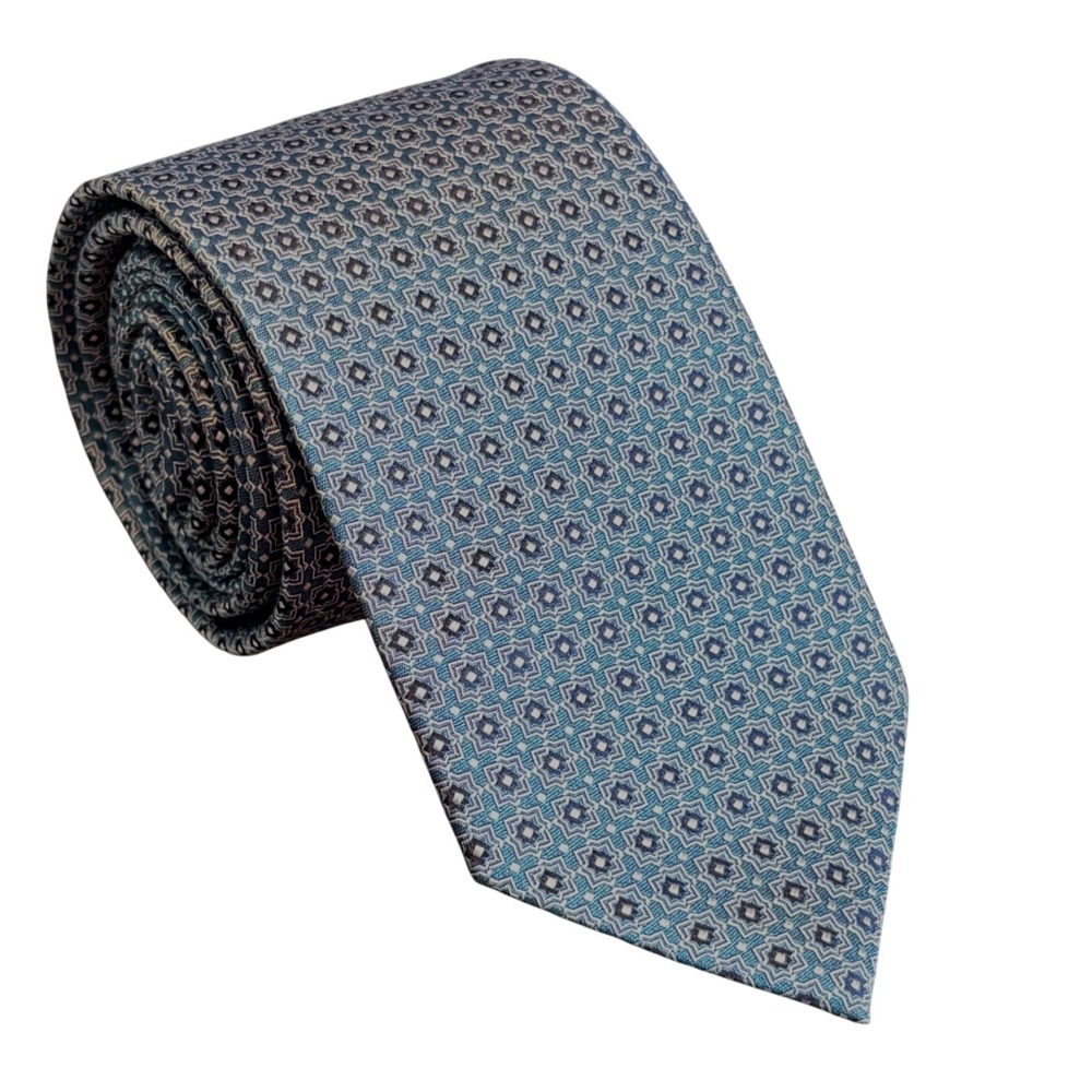 Eton Necktie Mens One Size Blue Excellent Geometric Medallion Silk Tie